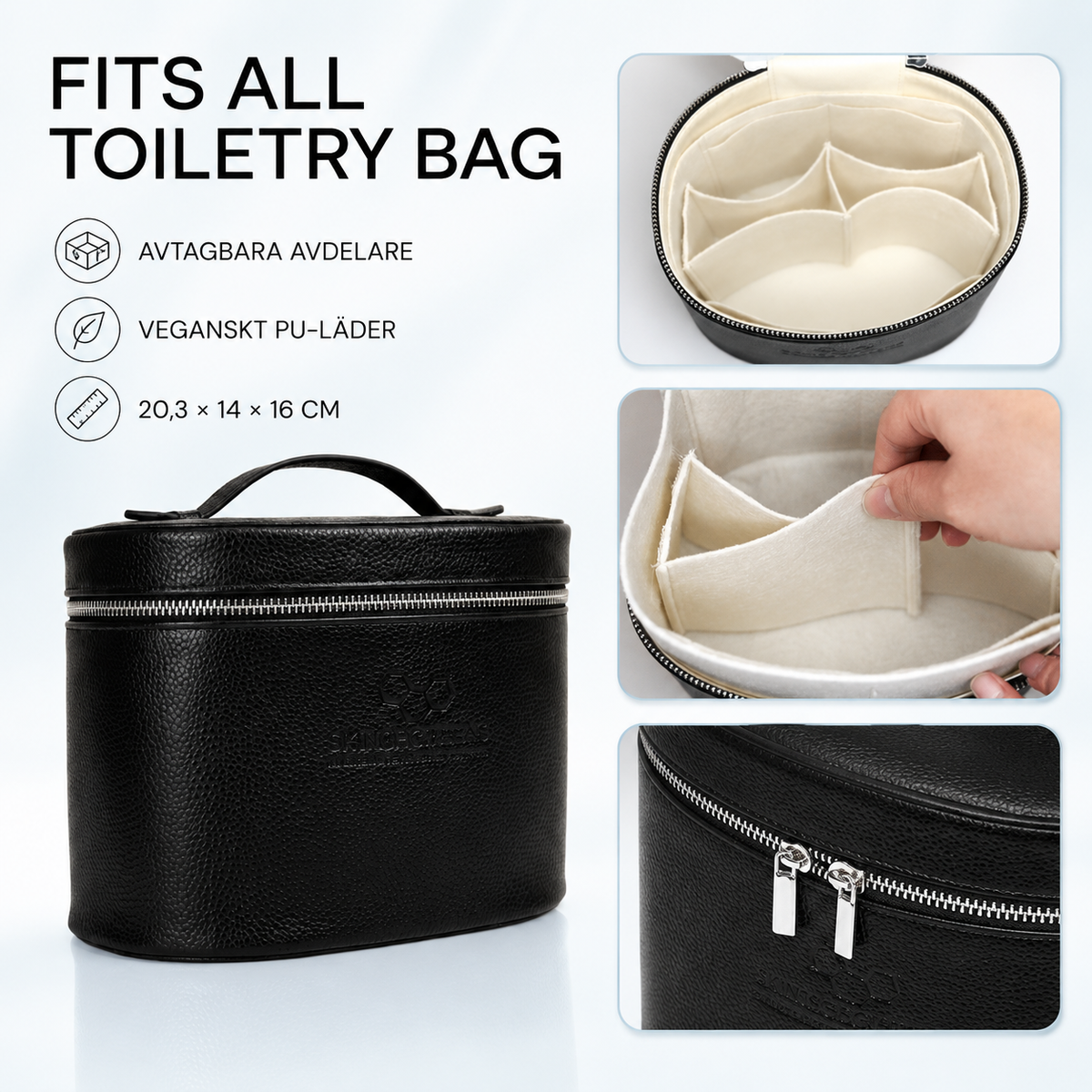 Fits All Toiletry Bag – utsida, insida och avtagbara avdelare
